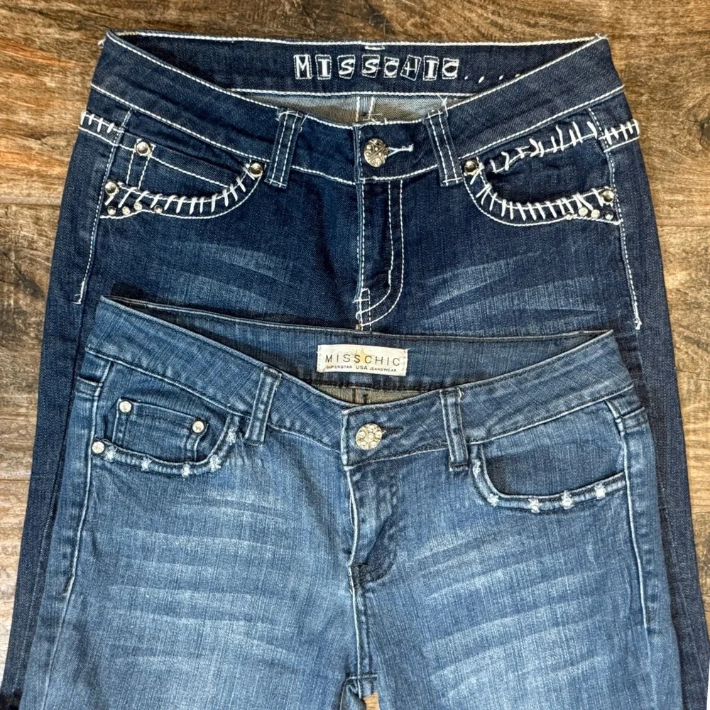 Miss Chic Y2K Rhinestone Fleur De Lis Denim Jeans Bundle, Dark & Med Wash, 7 - Picture 5 of 8